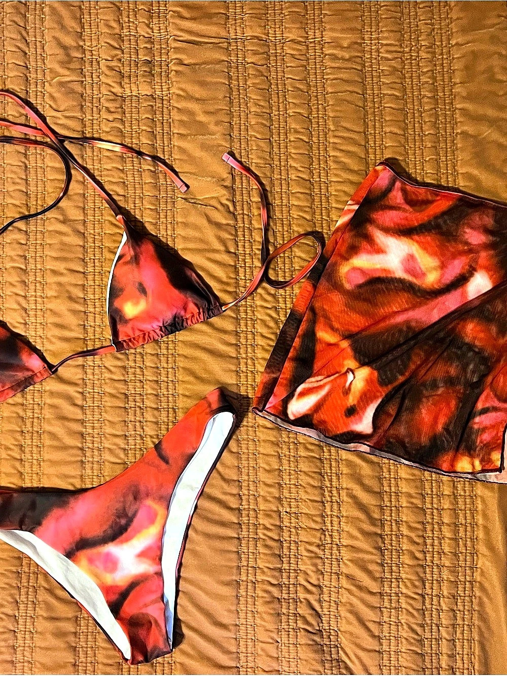 3 piece abstract flame-print triangle bikini and mini-skirt set | Large